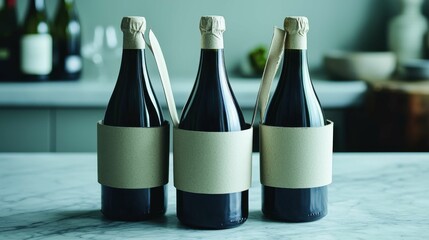 Three dark wine bottles are presented with simple, elegant packaging. The earthy tones complement the design on a stone countertop.