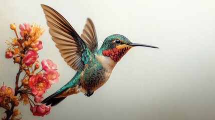 Vibrant Hummingbird in Flight Amidst Blossoming Flowers on Light Background
