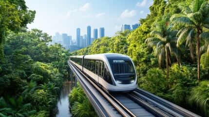 Naklejka premium Modern Train Running Through Lush Tropical Forest with City Skyline in Background