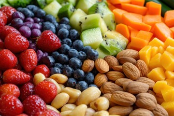 Healthy snack ideas assorted fruits and nuts platter for enjoying at home or outdoor gatherings in a colorful arrangement
