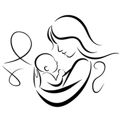 Mom hugs her child line art vector.