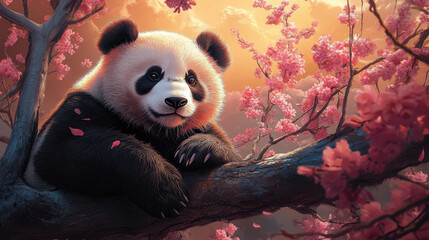 Playful Panda Among Vibrant Pink Blossoms on a Tranquil Spring Day