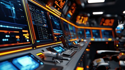 A futuristic control room with glowing screens and high-tech equipment, showcasing advanced technology in a sleek, dark environment.