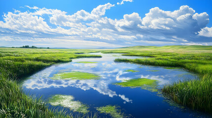 Stunning Landscape: Serene Meadow with Cloud Reflections