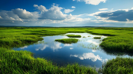 Fototapeta premium Stunning Landscape: Serene Meadow with Cloud Reflections