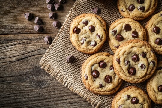 Delicious homemade chocolate chip cookies cozy kitchen food photography rustic setting close-up view tempting snacks for every occasion - Powered by Adobe