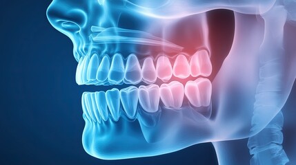 Medical, xray and illustration of teeth in mouth for wisdom tooth, growth and dental examination. Anatomy, radiology and dentistry in healthcare with scan for root canal, assessment and evaluation