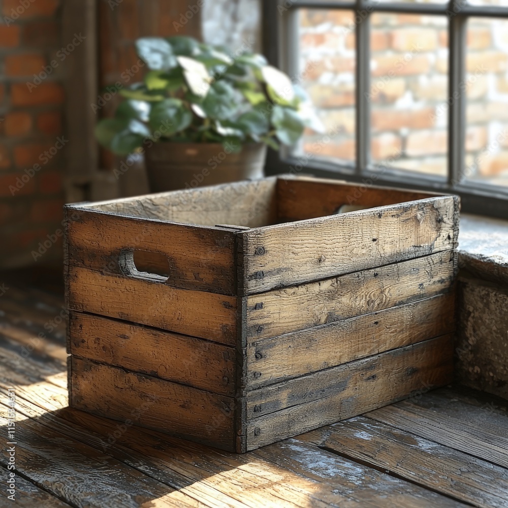 Poster an empty rustic wooden crate sits on a weathered wooden floor near a window. a potted plant is blurr