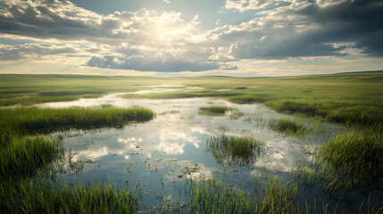 Serene Landscape: Grassland Wetlands Under a Summer Sky