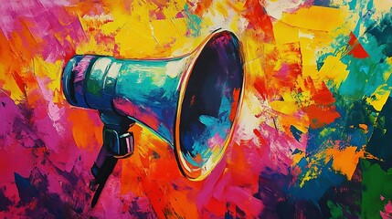 Megaphone, vibrant art and freedom of expression. Colorful, dynamic and energetic communication through art for liberty, creativity and social change. Inspiring visual message for a diverse audience.