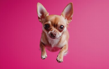 A small chihuahua hovering mid-air with its ears perked up, on a bright pink background