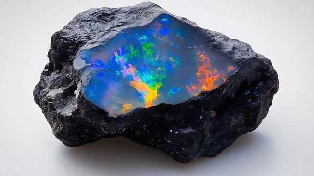 A rare boulder opal, displaying brilliant flashes of color from within its black surface, set on a white backdrop
