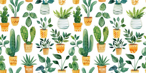 Potted plants, seamless pattern, repeat background with cute watercolor illustrations on white
