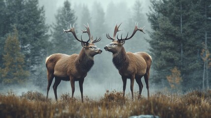 Obraz premium Two majestic elk face each other in a misty forest.