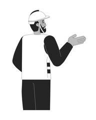 Black male construction worker giving directions black and white 2D line character. Industrial supervisor in safety vest and hardhat isolated vector outline person. Monochromatic spot illustration