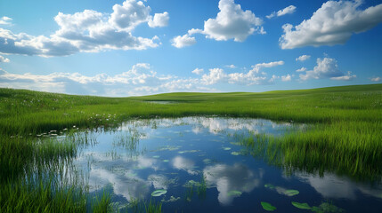 Fototapeta premium Stunning Landscape: Serene Pond Reflecting Clouds in a Lush Green Field