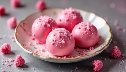 Obraz premium Rich pink sugar coated chocolate truffles on a decorative plate , food decoration, truffle
