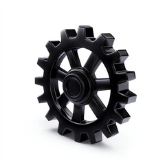 Obraz premium Black gear on a white isolated background, symbolizing machinery and mechanical engineering.