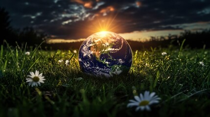 Beautiful Earth Globe in a Lush Green Field at Sunrise with Daisies, Capturing the Wonder of Nature and the Resilience of Our Planet's Environment