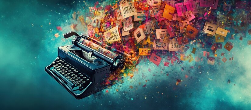 Vintage typewriter with colorful words exploding.