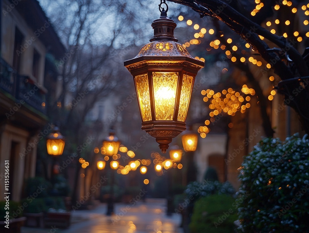 Poster a charming cobblestone street is illuminated by glowing antique lanterns and string lights creating 