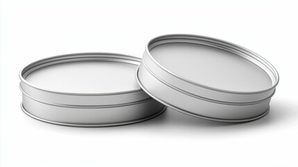 Two round metallic containers are positioned side by side on a white surface, showcasing a minimalist design suitable for packaging products.