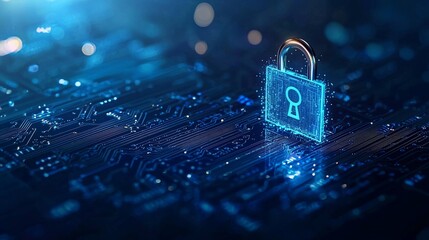 Locked circuit board concept of cybersecurity technology background with a blue light effect.