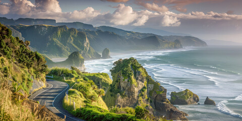 A scenic coastline road curving along the ocean, perfect for summer travel and breathtaking views
