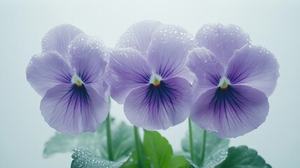 Obraz premium three purple pansy flowers with water droplets