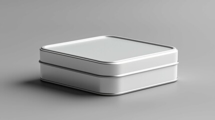 A sleek, minimalist white packaging box with a silver rim, resting on a smooth gray surface, suitable for various products.