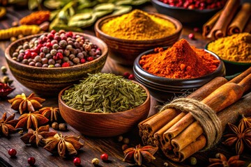 Warm Eid spices glow in low light, fragrant herbs and seasonings evoke festive aromas.