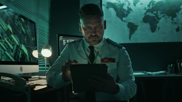 Medium shot of focused mature Caucasian male military officer in uniform operating satellite surveillance system on digital tablet, while working night shift at command center