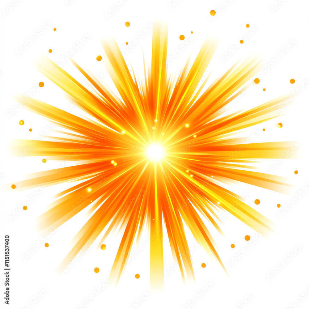 Poster bright explosion design with radiant beams and particles on a white isolated background for visual i