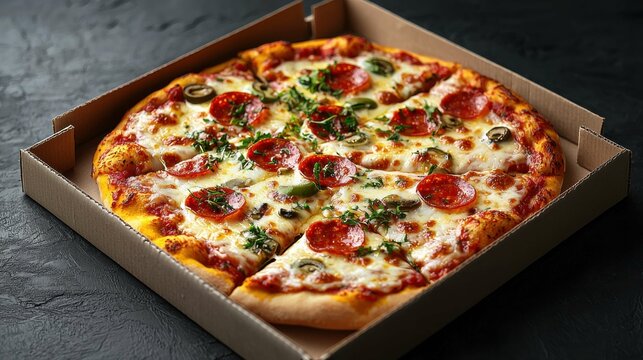 An appetizing pizza with pepperoni and herbs displayed in a classic pizza box. Perfect for takeaway or delivery. Enjoy a slice of delicious flavor!