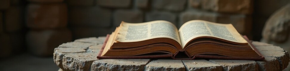 Obraz premium Vintage books and scrolls on an ancient stone pedestal, vintage, ancient artifacts