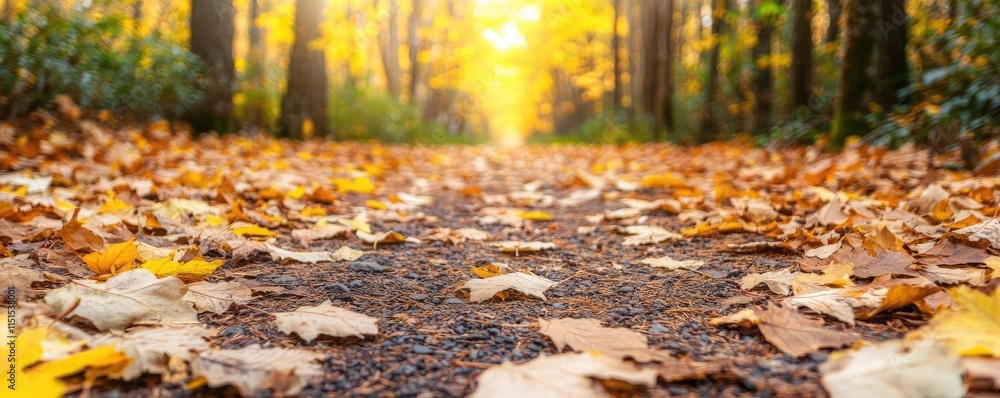 Poster autumn forest concept. a serene autumn path lined with fallen leaves and soft sunlight filtering thr