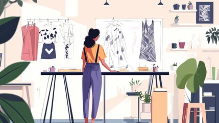 Flat vector of a fashion designer sketching clothing designs in a studio.