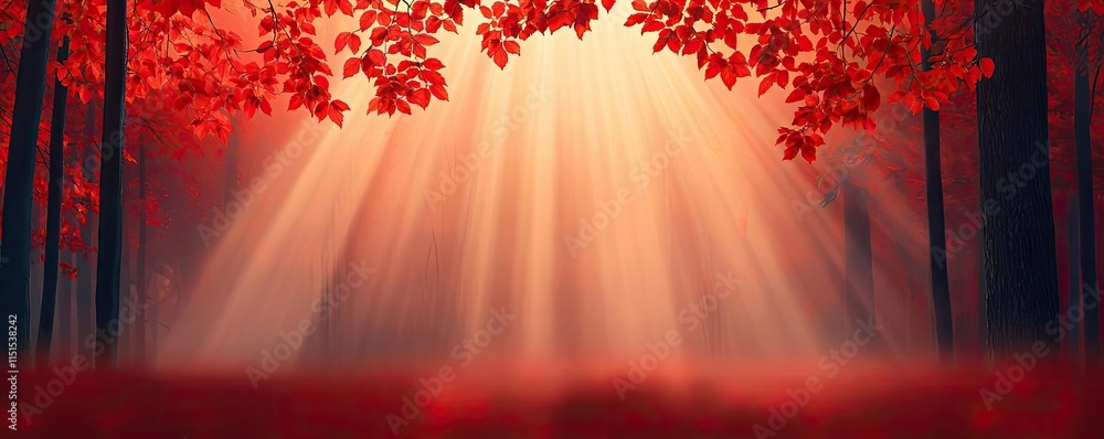 Poster autumn forest concept. a serene forest scene with red leaves and soft light filtering through the tr