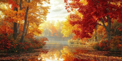 Autumn forest concept. A serene autumn landscape reflected in calm water with vibrant orange foliage.