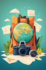 An orange backpack displays a globe, a camera lies nearby, and travel maps cascade around, highlighting the spirit of adventure and exploration in nature