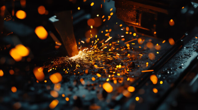 Sparks fly as metal is shaped in an intense forging process during twilight hours at a workshop