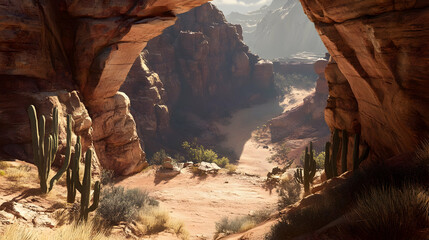 Majestic Desert Canyon: A Breathtaking Landscape of Red Rocks and Cacti
