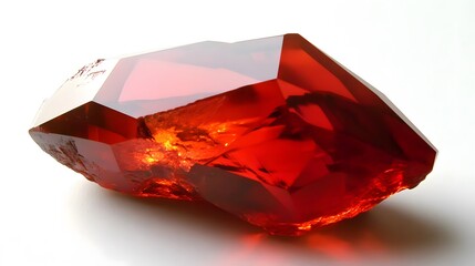 A rare, translucent red spinel crystal, with smooth surfaces and glowing color, set against a white background