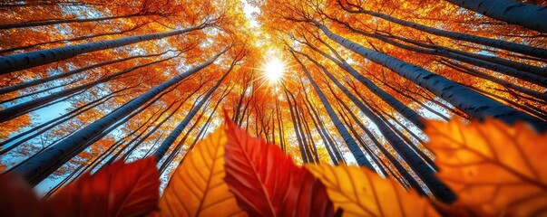 Obraz premium Autumn forest concept. Vibrant autumn forest showcasing colorful leaves and sunlight filtering through trees.