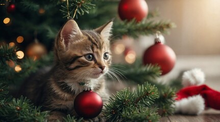 Obraz premium cute little kitten playing with christmas tree decoration 