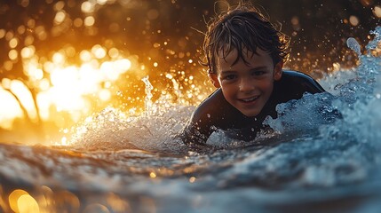 Happy Boy Bodyboarding Ocean Waves Sunset