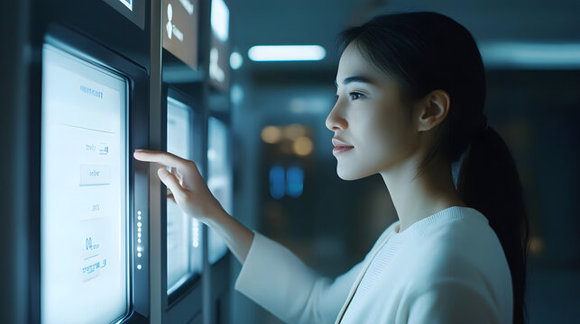 Woman Using ATM Touchscreen in Modern Bank Interior Reflects Technological Proficiency and Independence