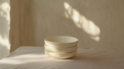 Minimalistic Display of Three Elegant White Ceramic Bowls on a Soft Textured Surface with Gentle Natural Light and Subtle Shadows in the Background
