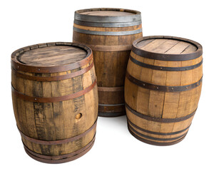Fototapeta premium Wooden oak barrels, cut out, on isolated white background