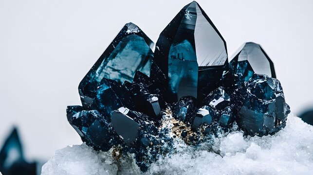 A cluster of pure serendibite crystals, with a deep blue and black luster, arranged on a white surface